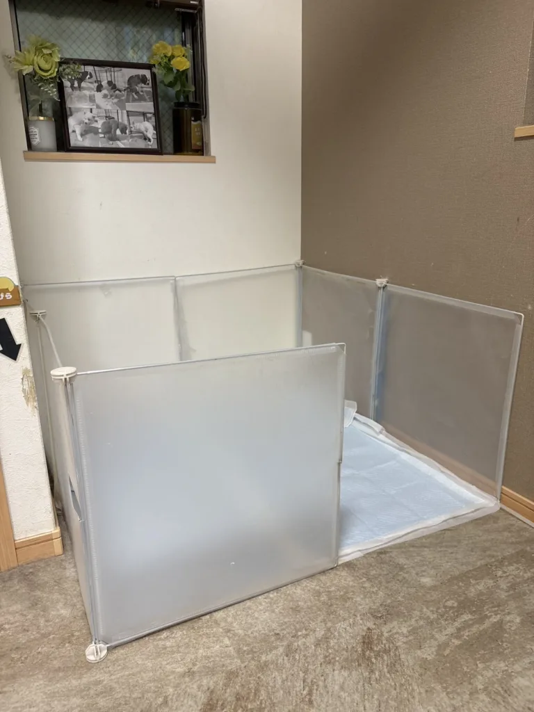 ぼん家具ペットフェンス50×50cmを組み立ててトイレスペースを囲んだ大型犬用トイレの様子