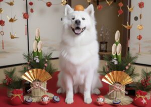 お正月の鏡餅みたいになってるサモエド