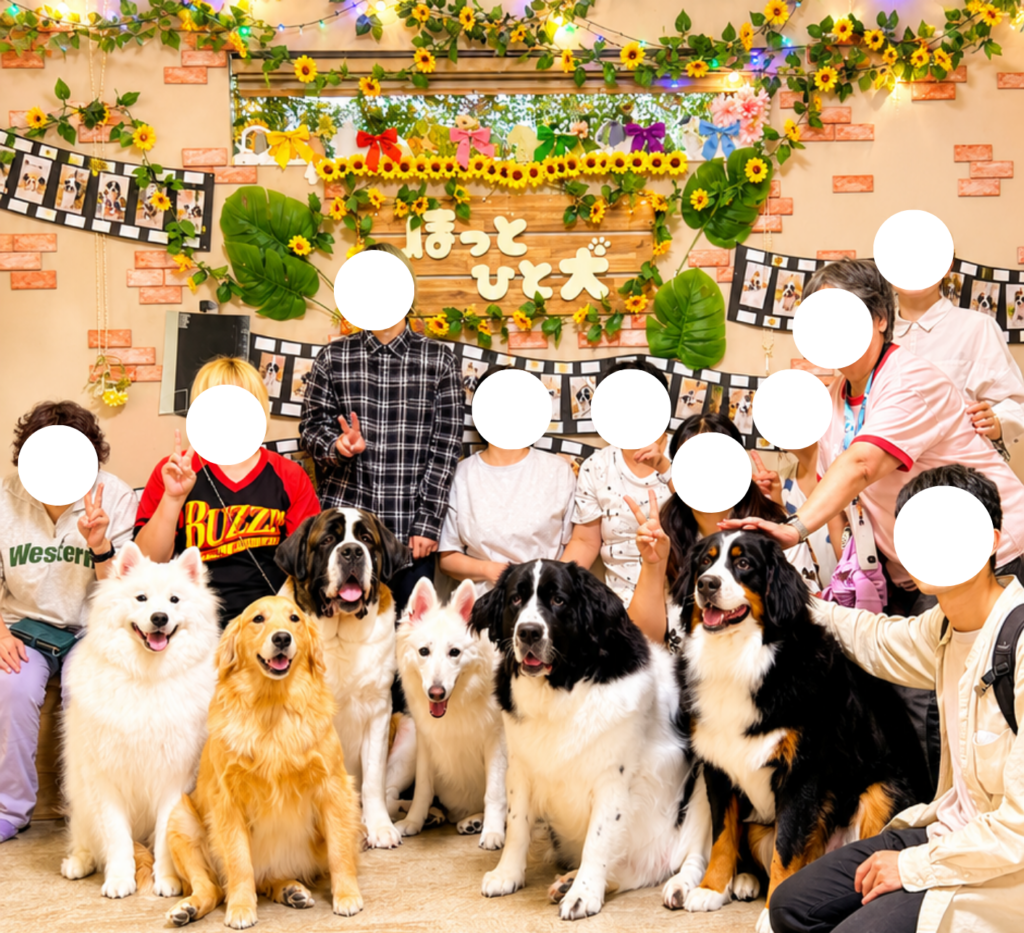 10名の人間と、6頭の大型犬が仲良さそうにうつっている集合写真