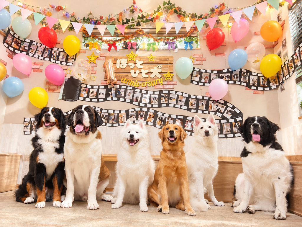 東京都江戸川区瑞江にある大型犬カフェ ほっとひと犬の大型犬６頭が、店内で集合写真をしている様子