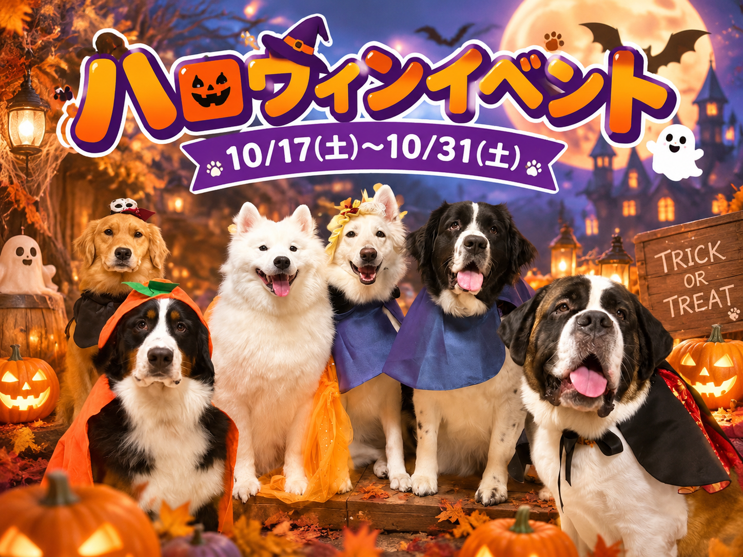 ハロウィンコスプレをした大型犬6頭の集合写真